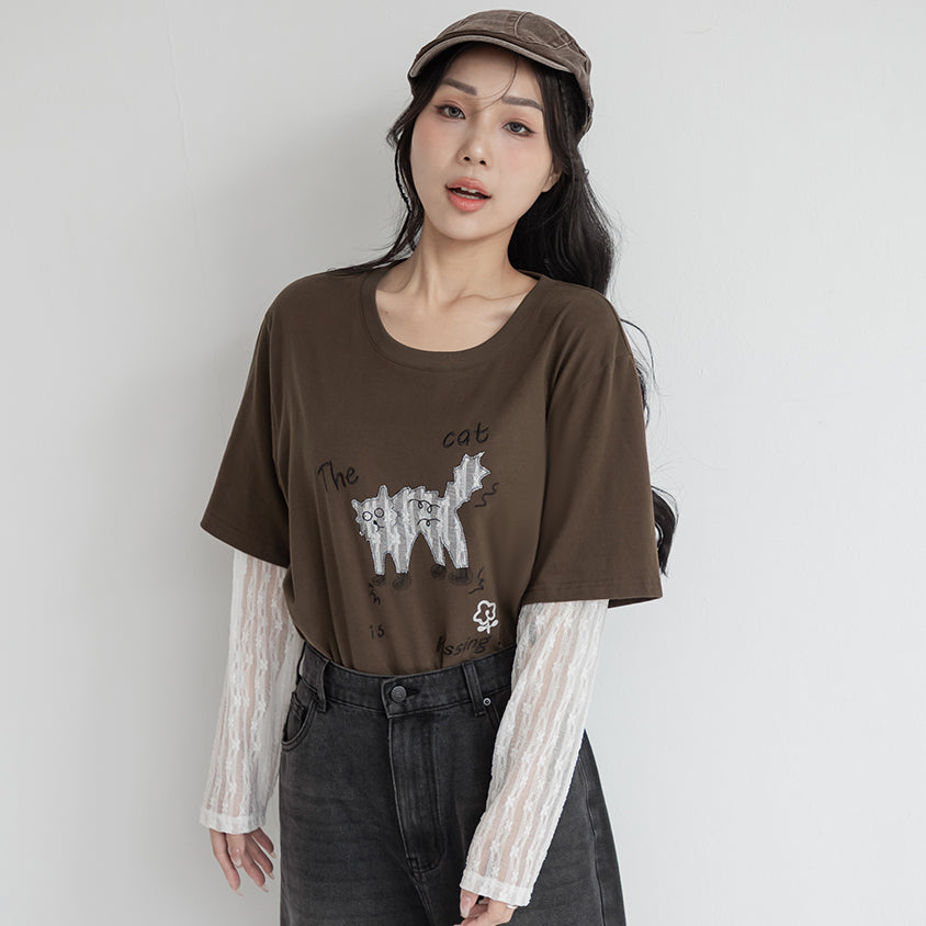Contrast Lace Cat Faux Two-Piece Plus Size Tee