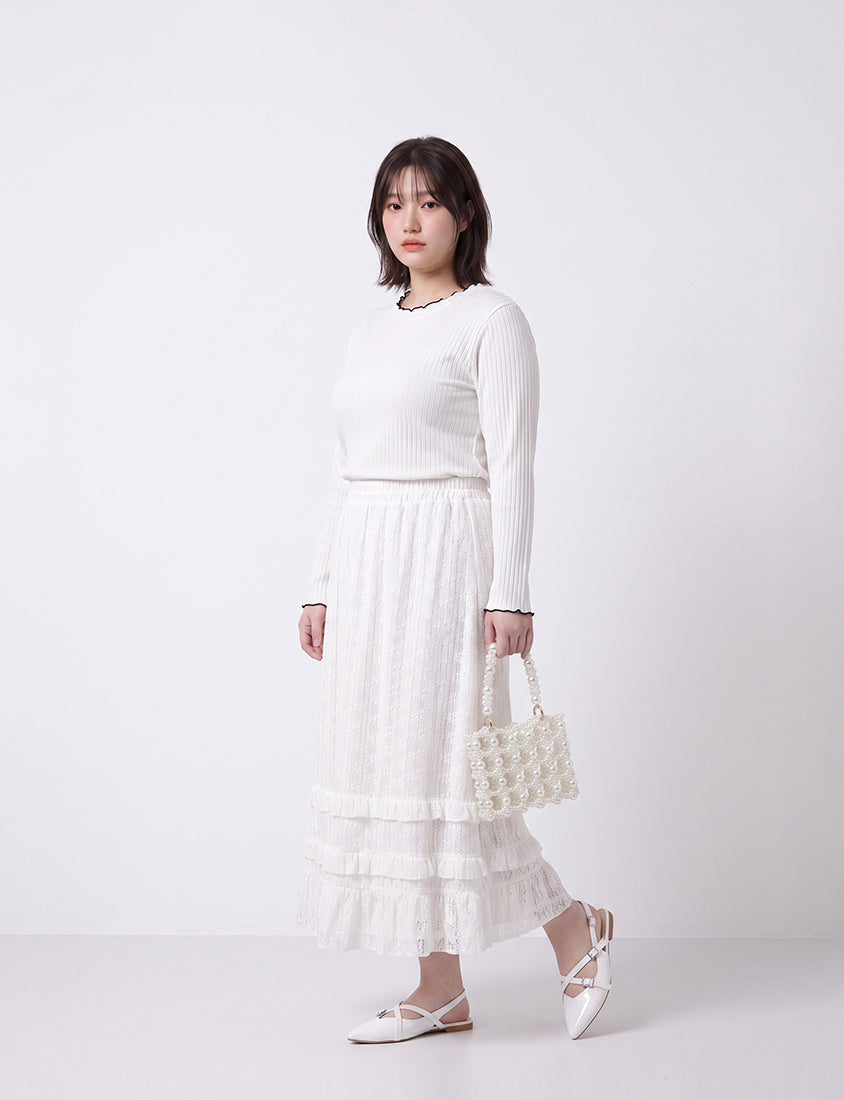 Soft Wide Ribbed Ruffle-Trim Long Sleeve Plus Size Top