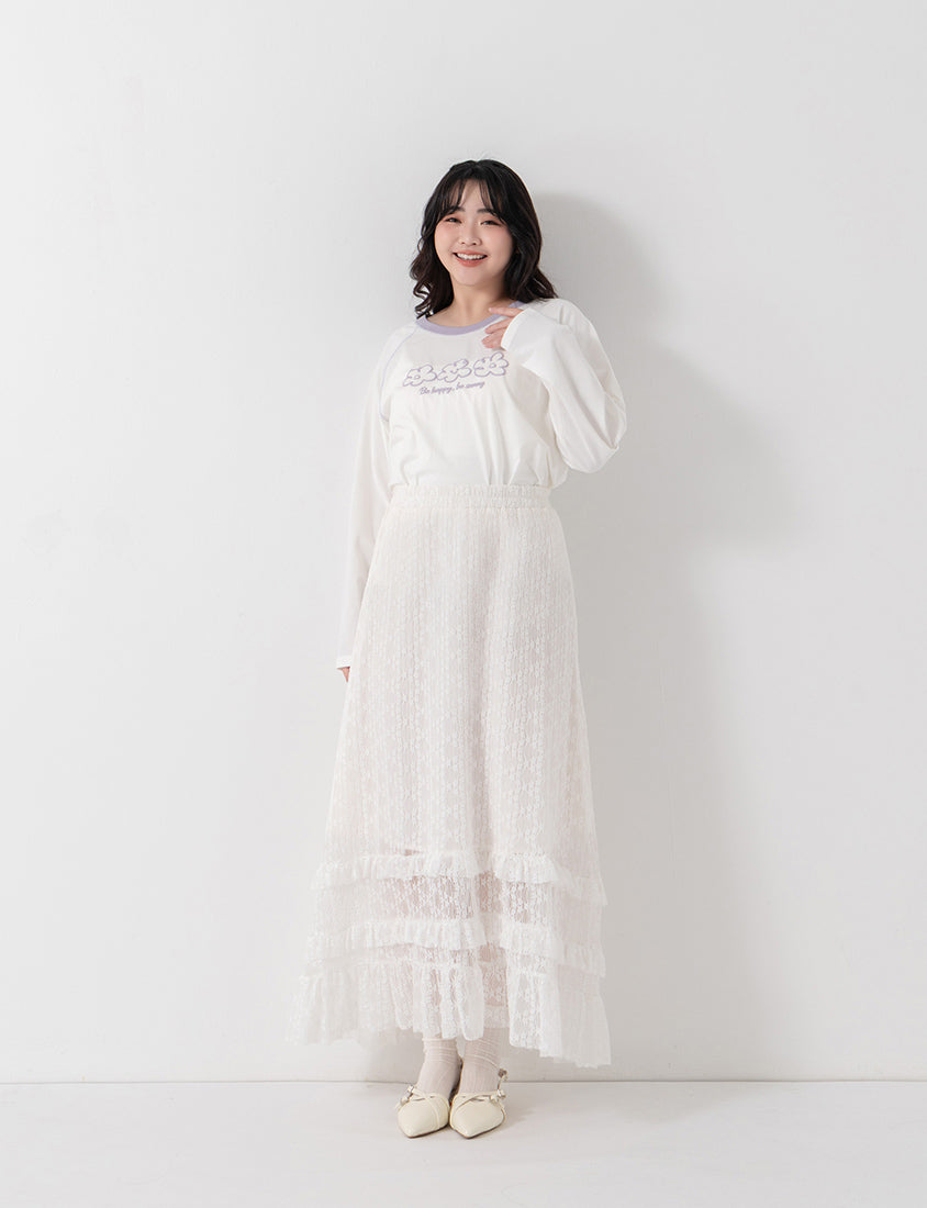 Contrast Floral Puff Print Long-Sleeve Plus Size Tee