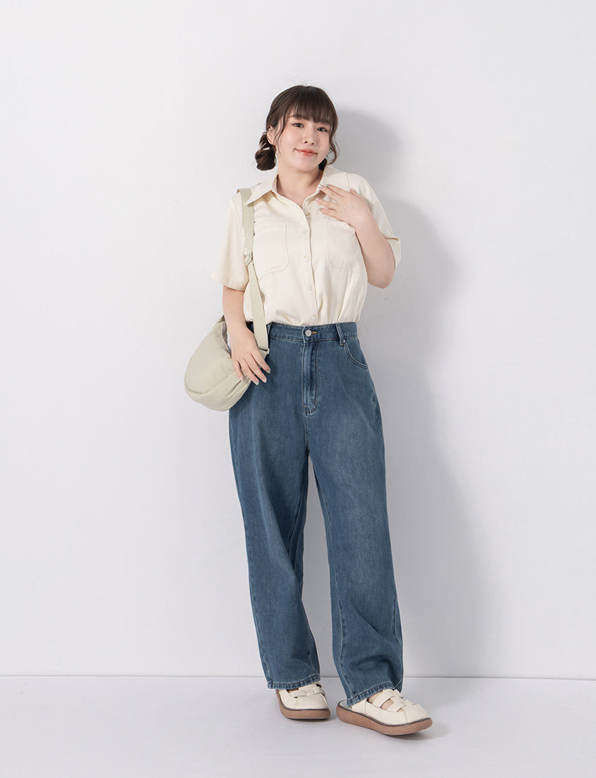 Double Pocket Twill Shell Button Plus Size Shirt