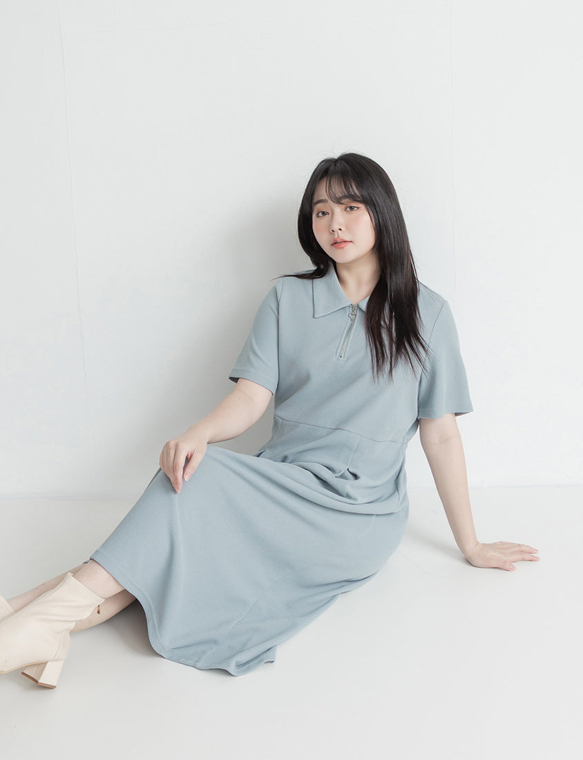 Collared Waffle-Knit Cinched Waist Plus Size Maxi Dress