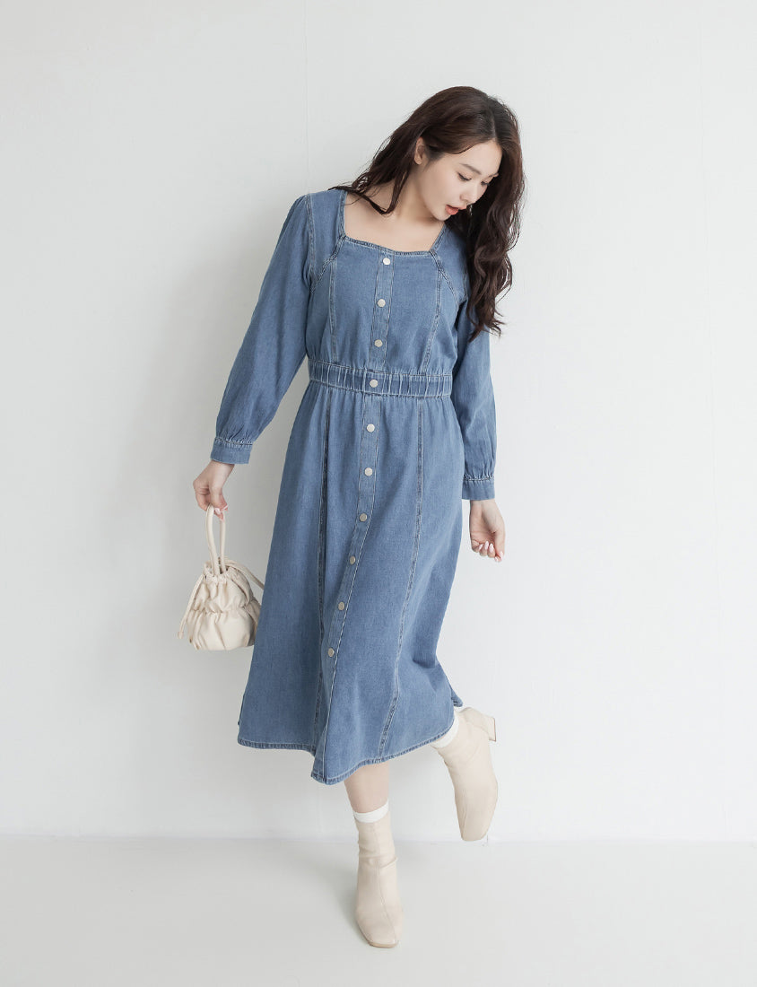 Smock-Waisted Square Neck Faux-Button Denim Plus Size Maxi Dress