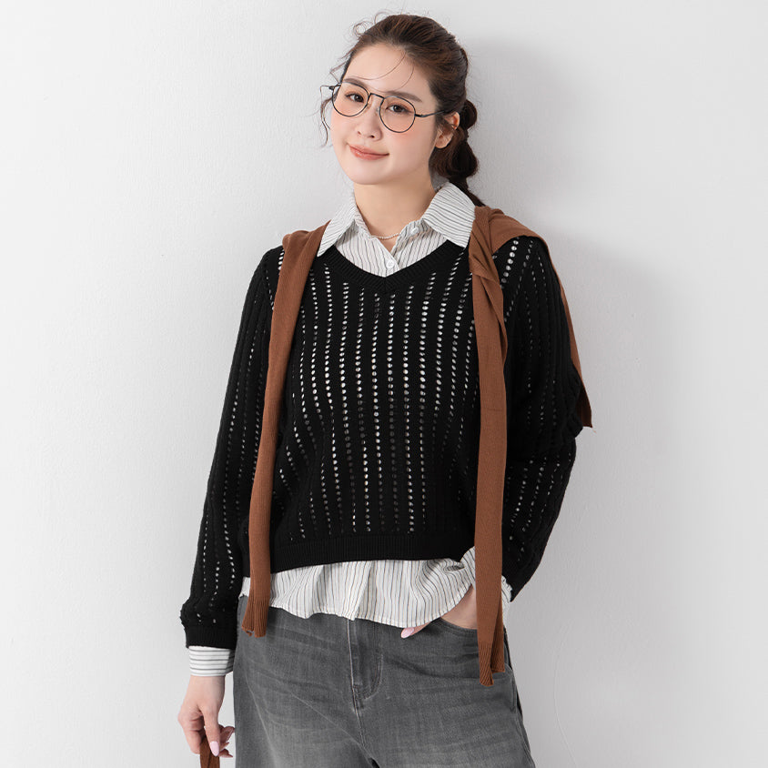 V-Neck Openwork Ribbed Knit Long Sleeve Plus Size Top