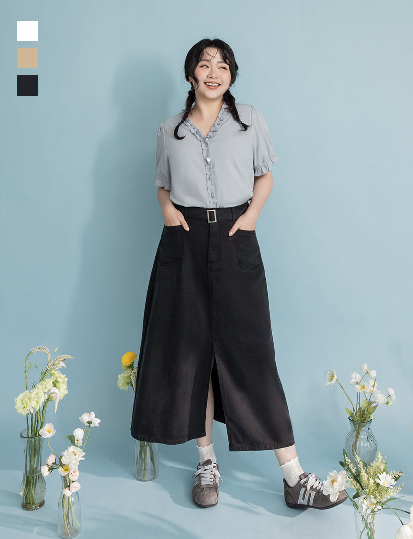 Lyocell Twill A-Line Plus Size Maxi Skirt (With Belt)