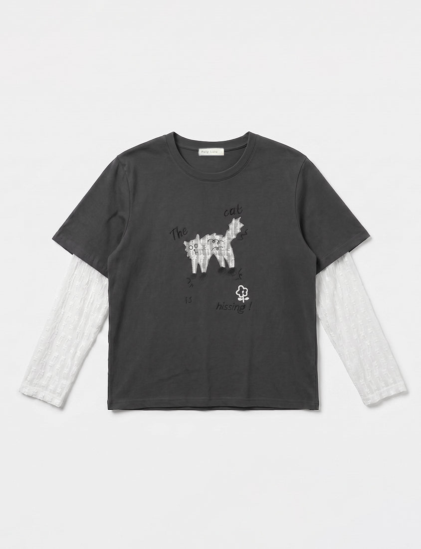 Contrast Lace Cat Faux Two-Piece Plus Size Tee