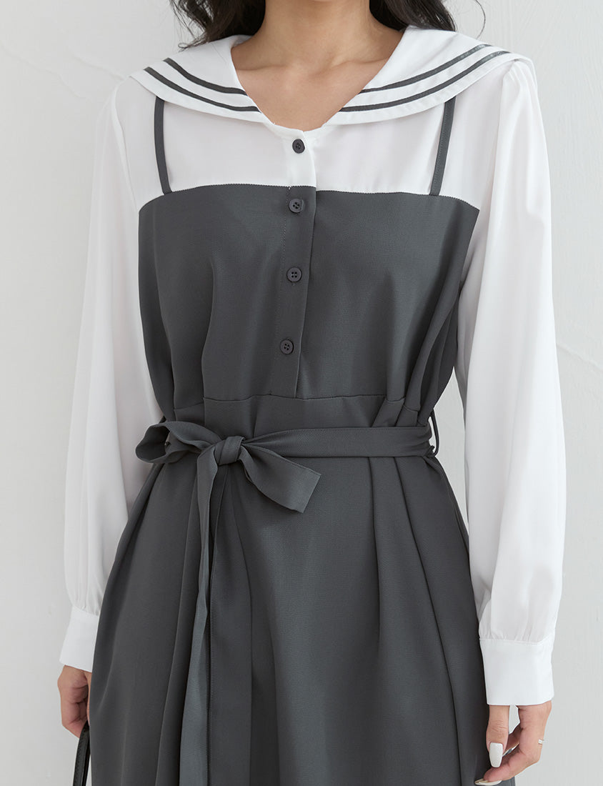 Contrast Sailor Collar Faux Two Piece Plus Size Maxi Dress (With Waist Tie)
