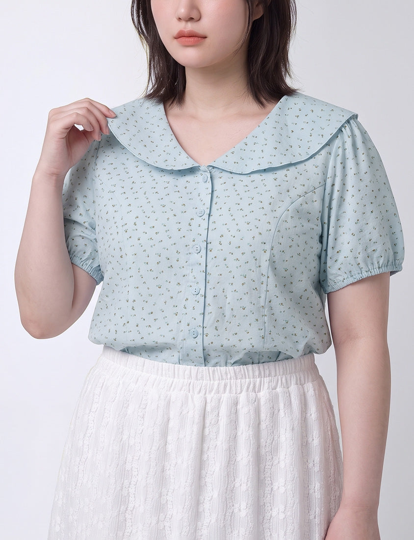 Fresh Floral Collared Cinched Waist Plus Size Blouse