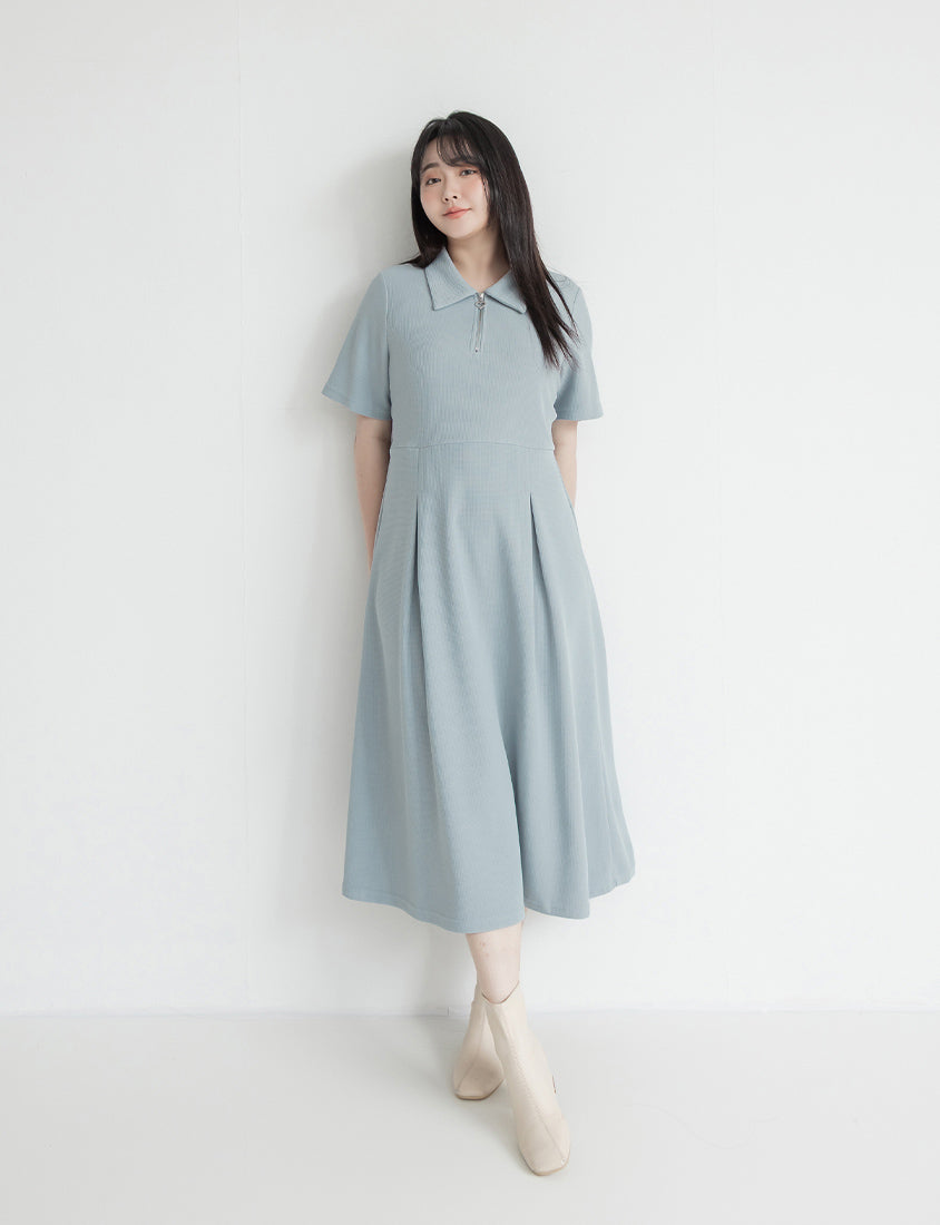 Collared Waffle-Knit Cinched Waist Plus Size Maxi Dress