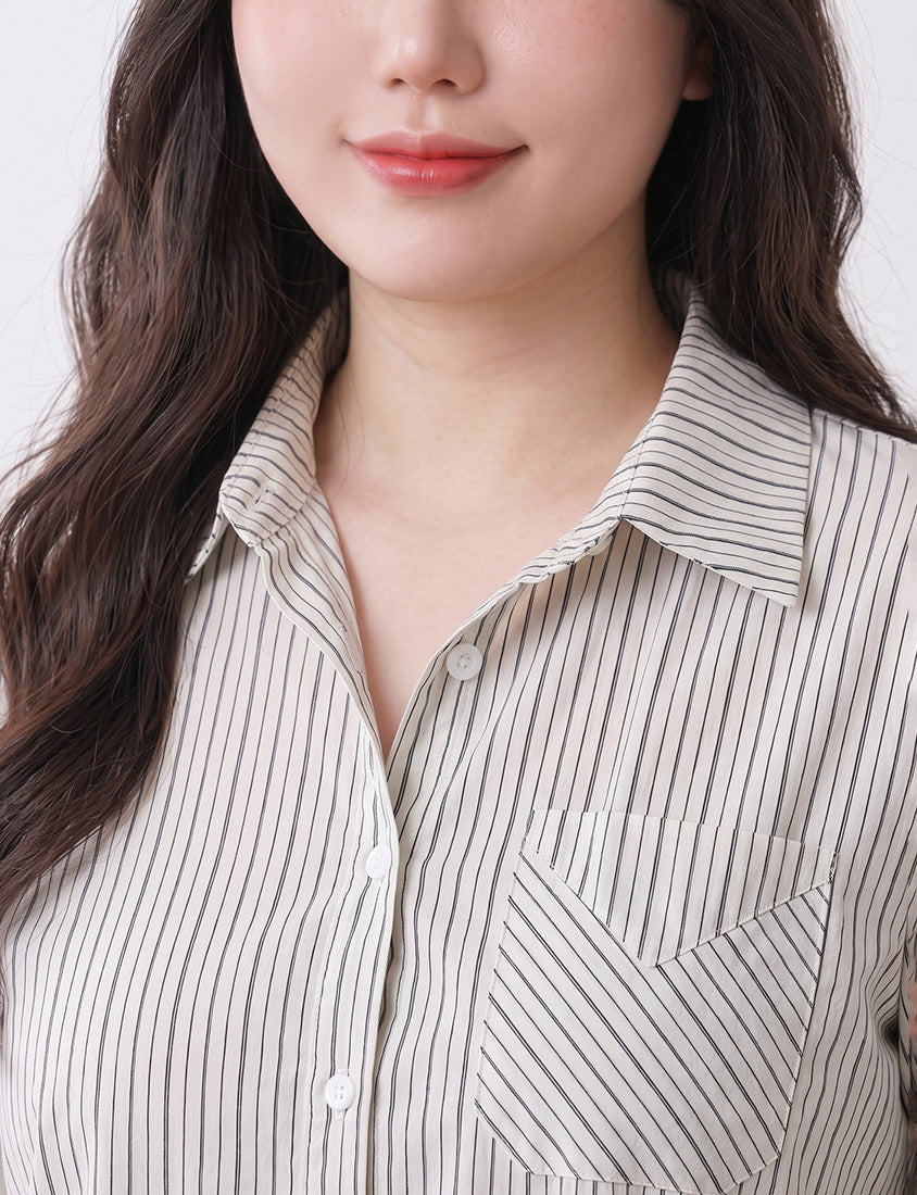 Contrast Stripe Long Sleeve Plus Size Shirt (With Shawl)