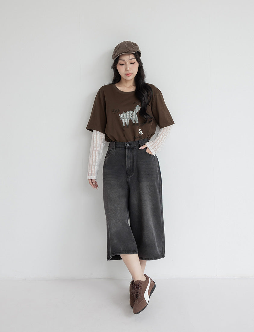 Korean Style Vintage Washed Plus Size Cropped Jeans