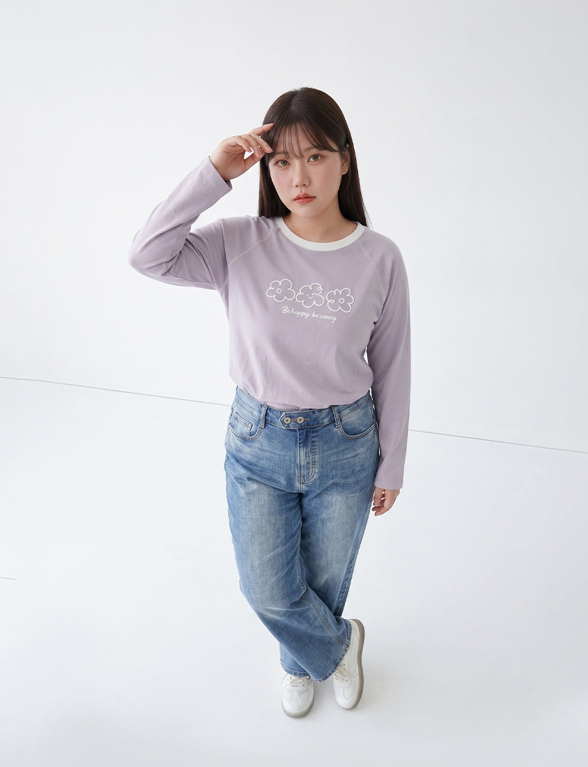 Contrast Floral Puff Print Long-Sleeve Plus Size Tee