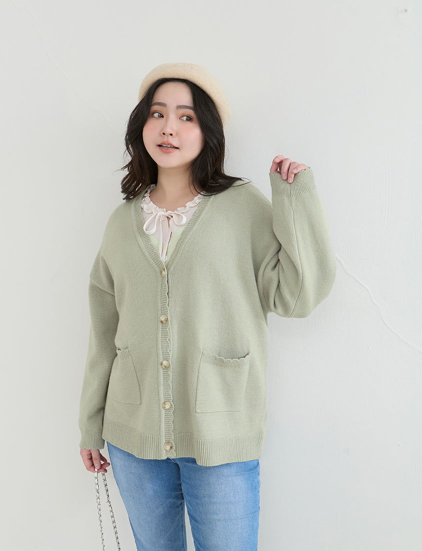 Cute Lettuce Trim V-Neck Knit Plus Size Cardigan
