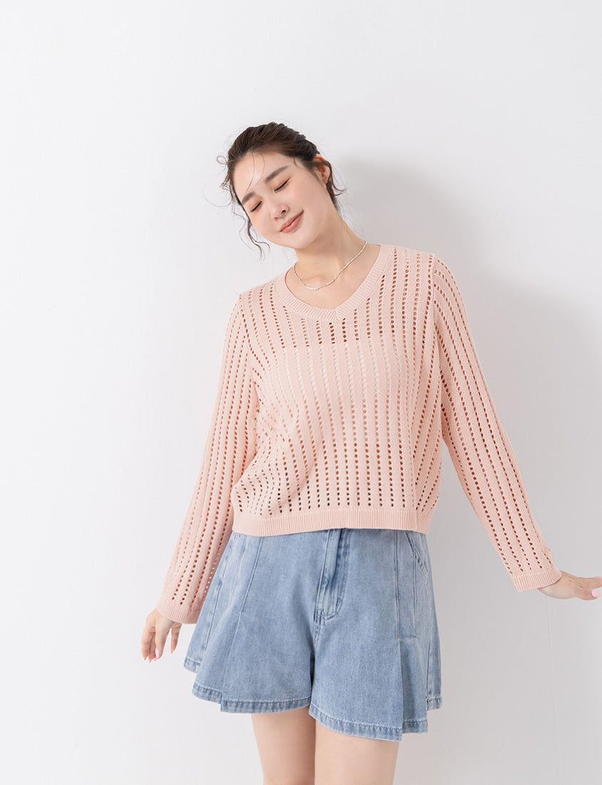 V-Neck Openwork Ribbed Knit Long Sleeve Plus Size Top