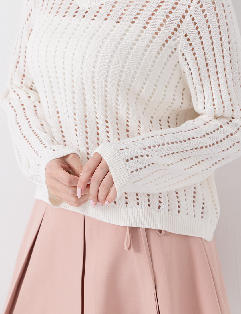 V-Neck Openwork Ribbed Knit Long Sleeve Plus Size Top