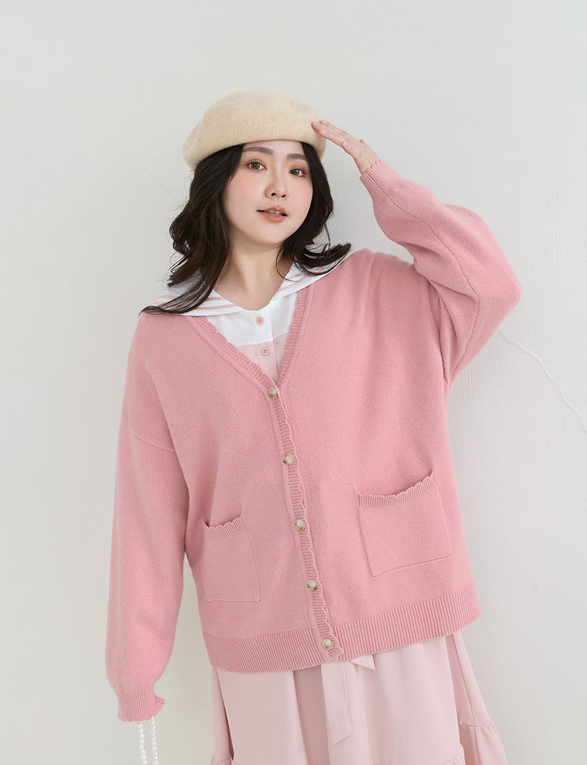 Cute Lettuce Trim V-Neck Knit Plus Size Cardigan