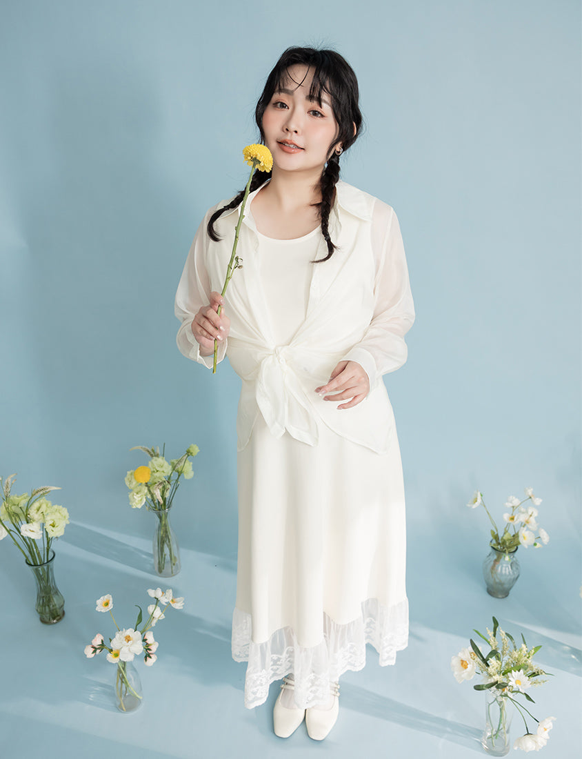 Creamy Cloud Cotton Lace Panel Plus Size Maxi Dress