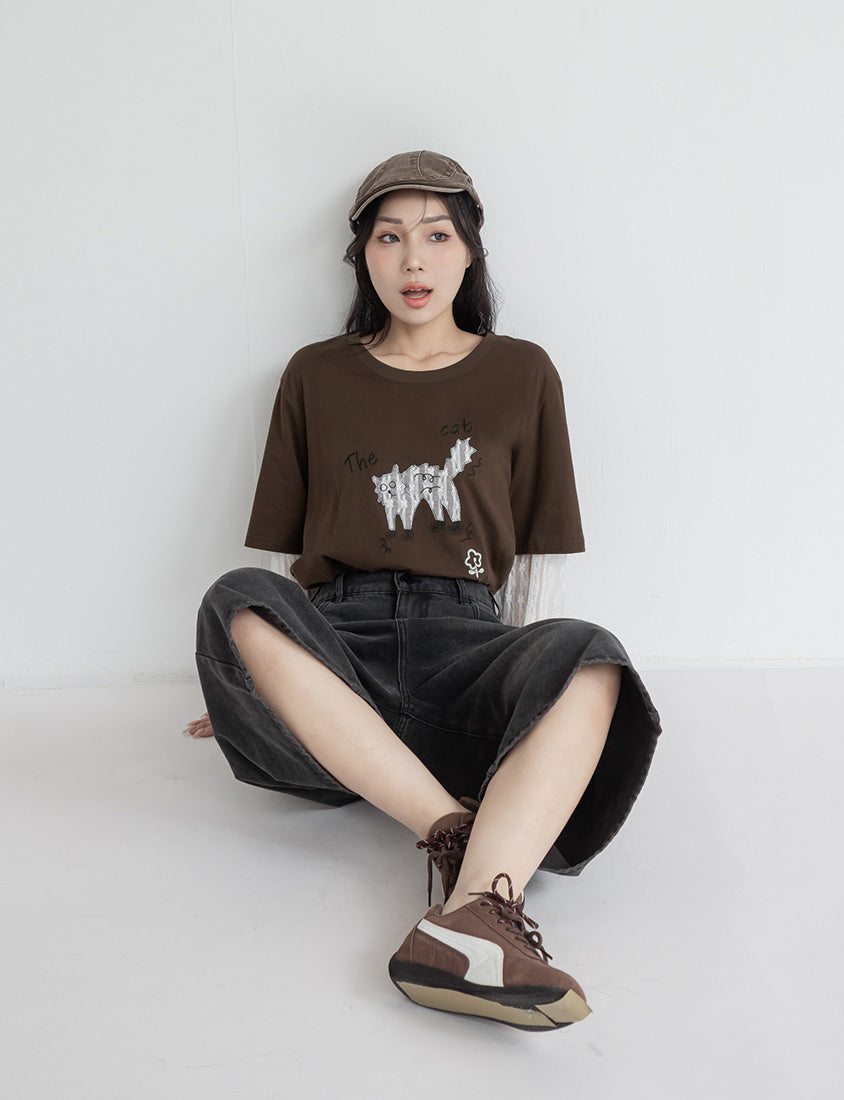 Contrast Lace Cat Faux Two-Piece Plus Size Tee