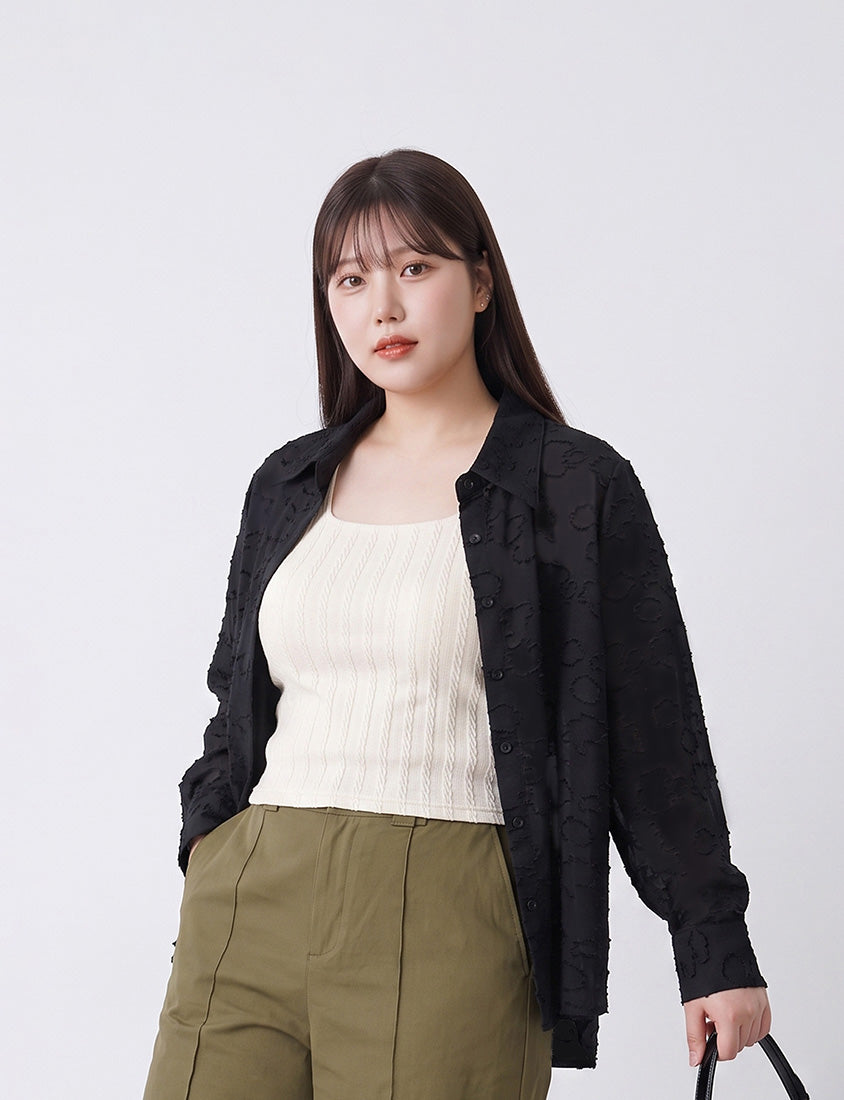 MISS. Japanese-Inspired Lace Sheer Jacquard Plus Size Shirt