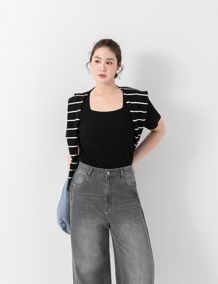 Classic Multicolor Square Neck Ribbed Knit Plus Size Top