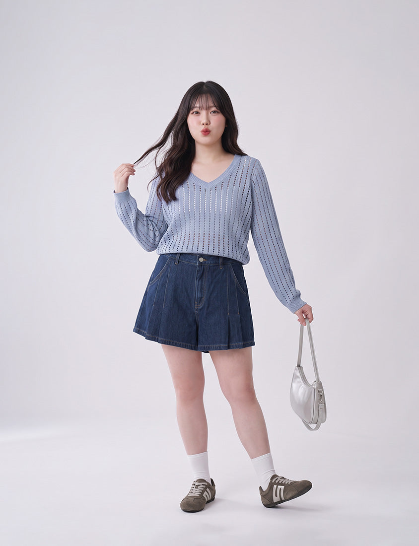 V-Neck Openwork Ribbed Knit Long Sleeve Plus Size Top
