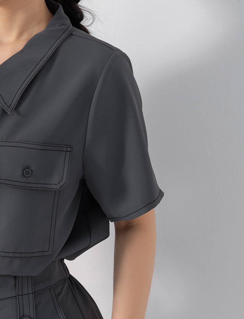Contrast Stitch Lightweight Utility Chiffon Plus Size Shirt