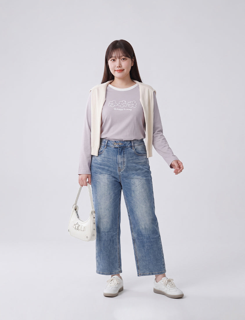 Contrast Floral Puff Print Long-Sleeve Plus Size Tee