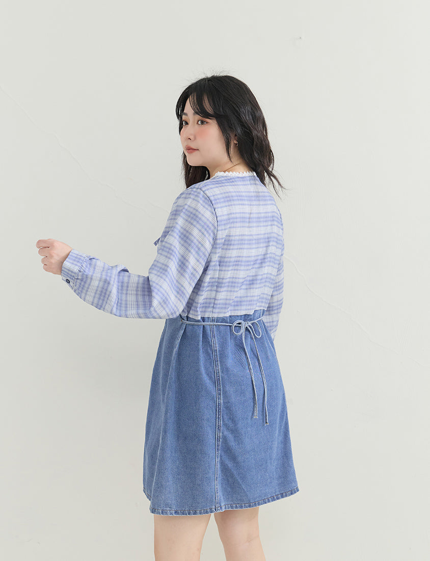 Vintage Plaid Faux Two-Piece Denim Plus Size Mini Dress