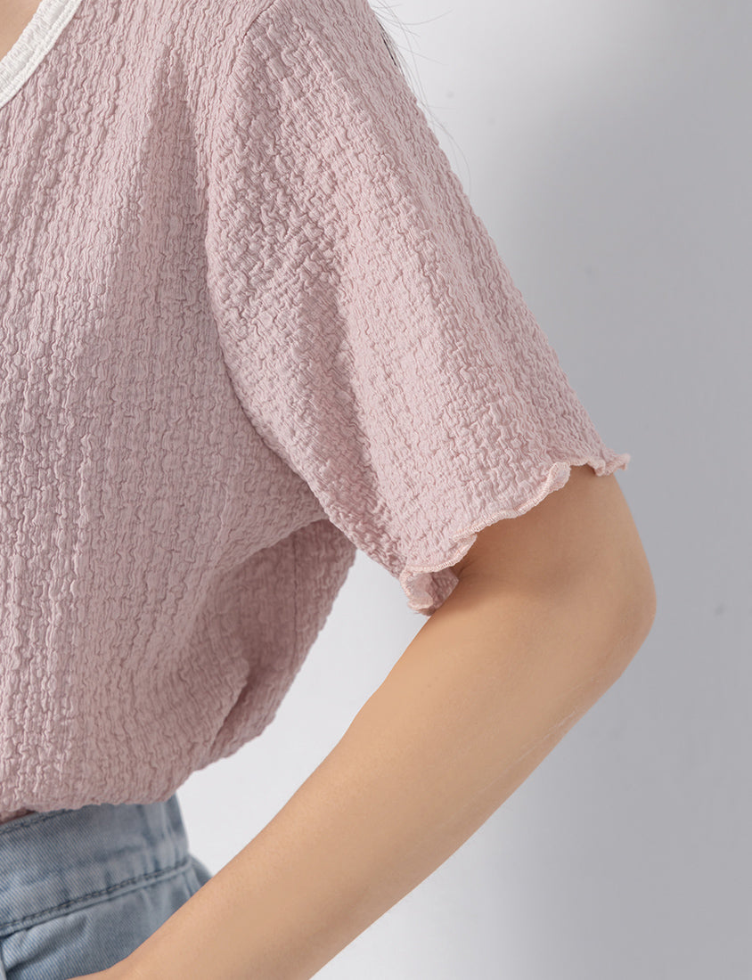Sweet Colorful Contrast Trim Crinkle Plus Size Tee