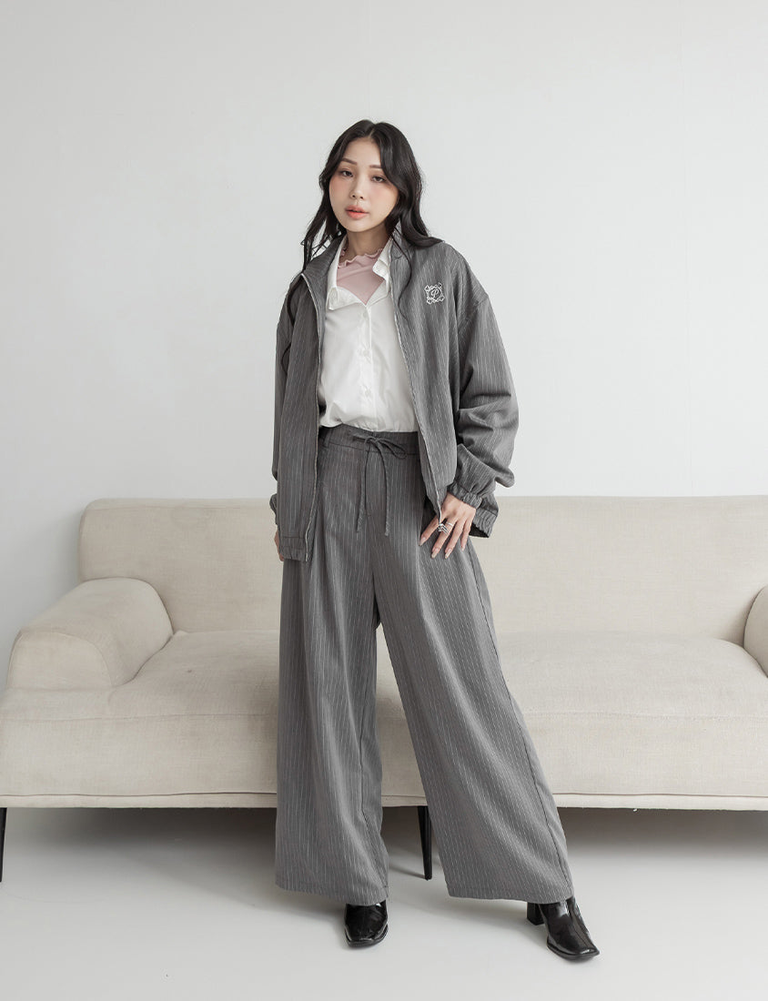 Striped Elastic Back Waist Relaxed Plus Size Tailored Trousers