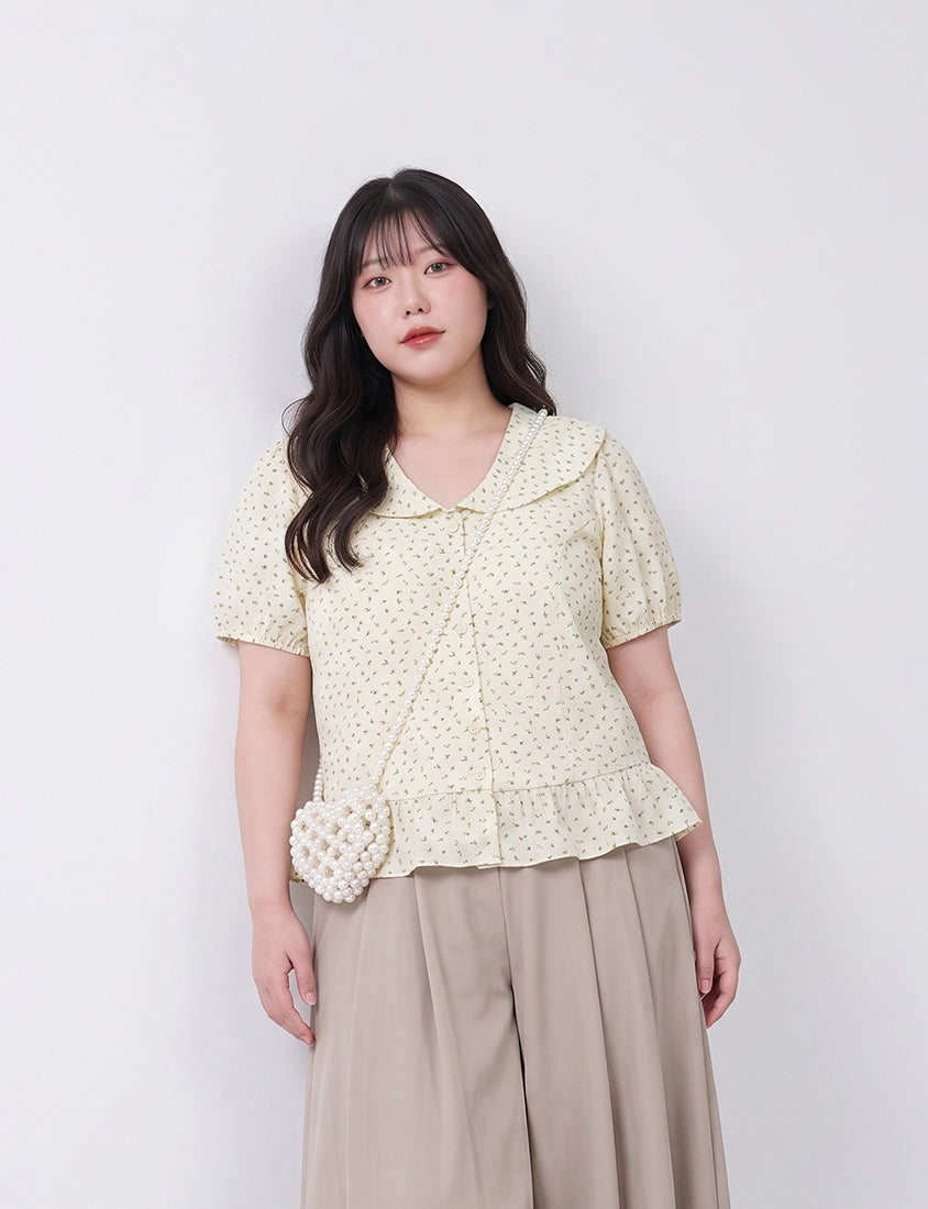 Fresh Floral Collared Cinched Waist Plus Size Blouse