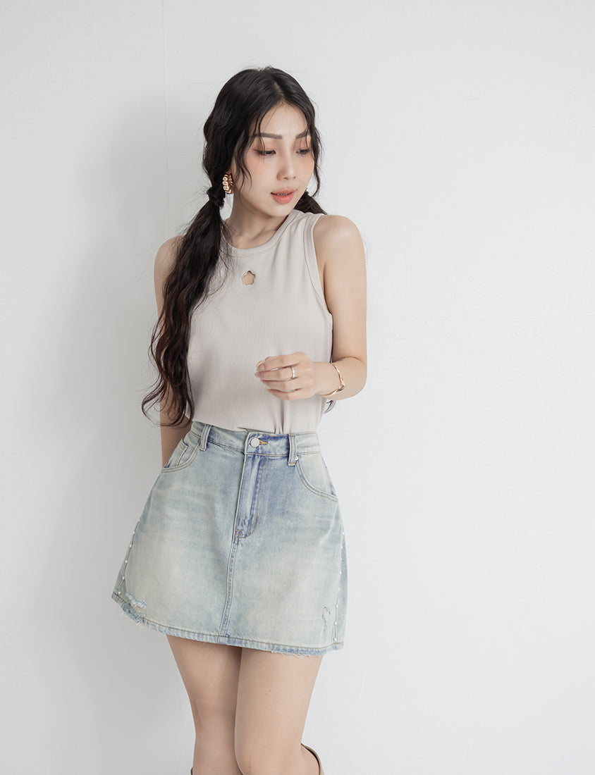 MUA! Side Pearl Studded Distressed Denim Plus Size Mini Skirt