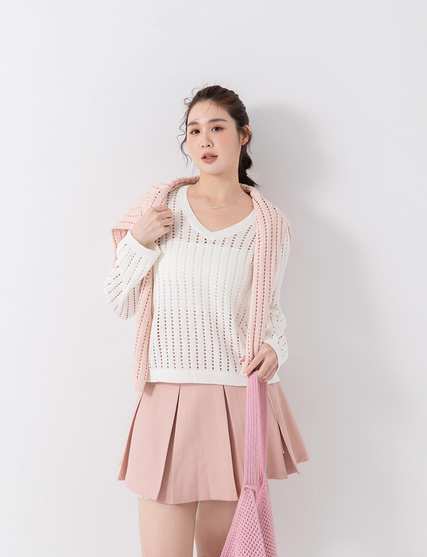 V-Neck Openwork Ribbed Knit Long Sleeve Plus Size Top