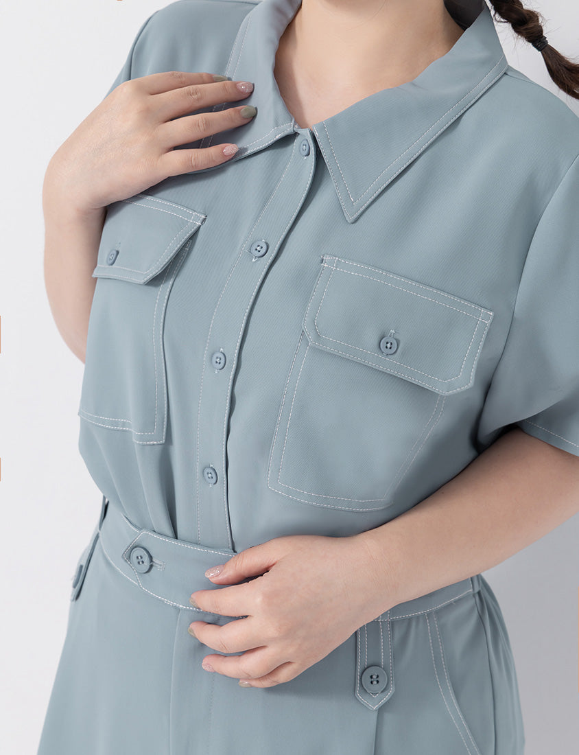 Contrast Stitch Lightweight Utility Chiffon Plus Size Shirt