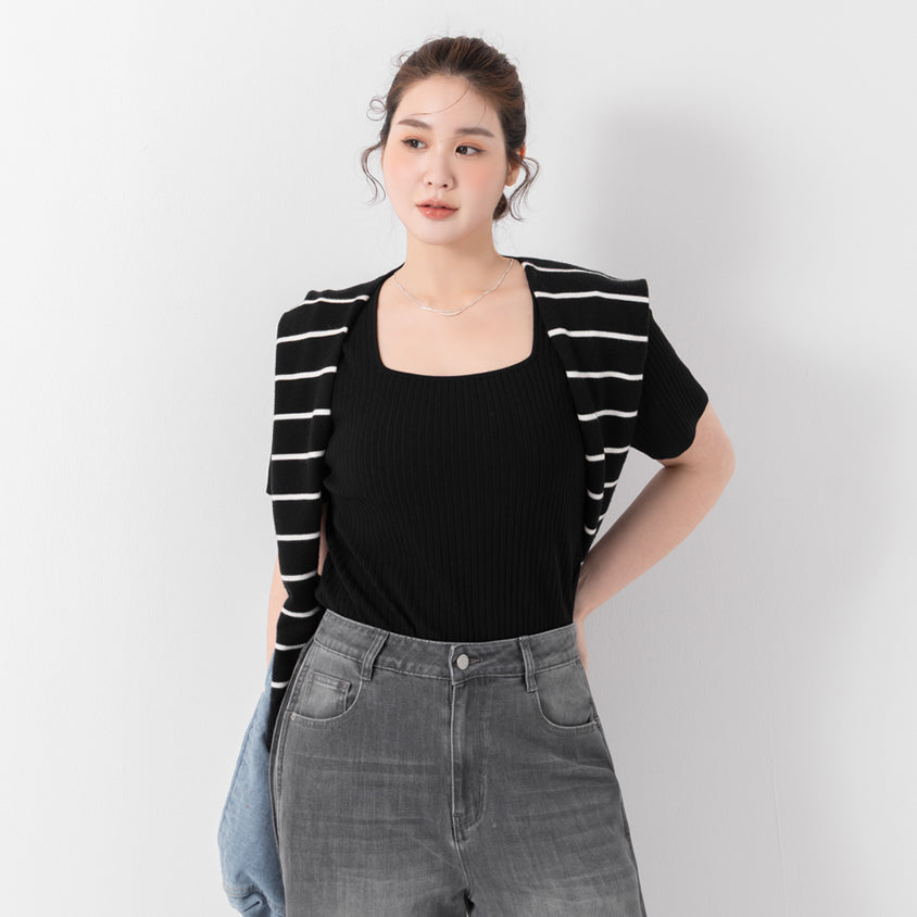 Classic Multicolor Square Neck Ribbed Knit Plus Size Top