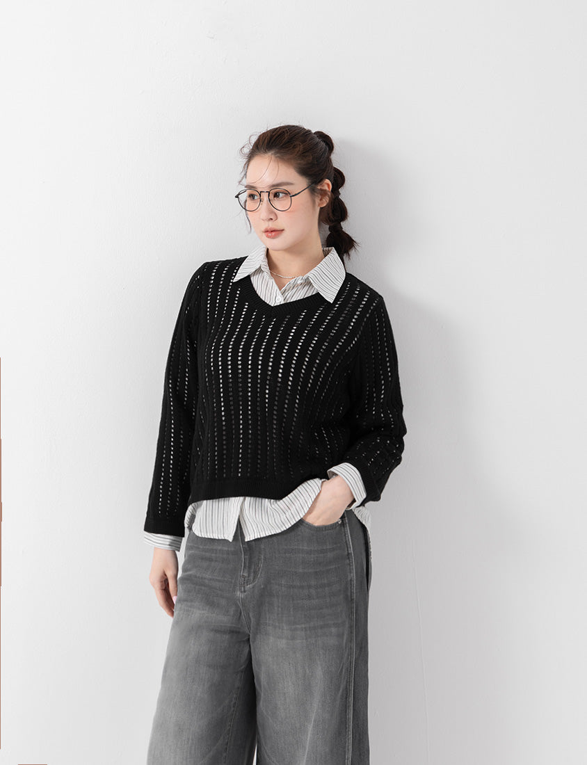 V-Neck Openwork Ribbed Knit Long Sleeve Plus Size Top