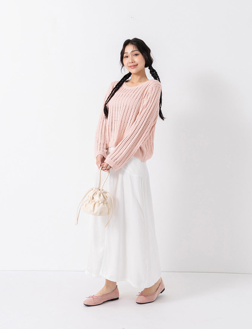 Crew Neck Openwork Ribbed Knit Long Sleeve Plus Size Top