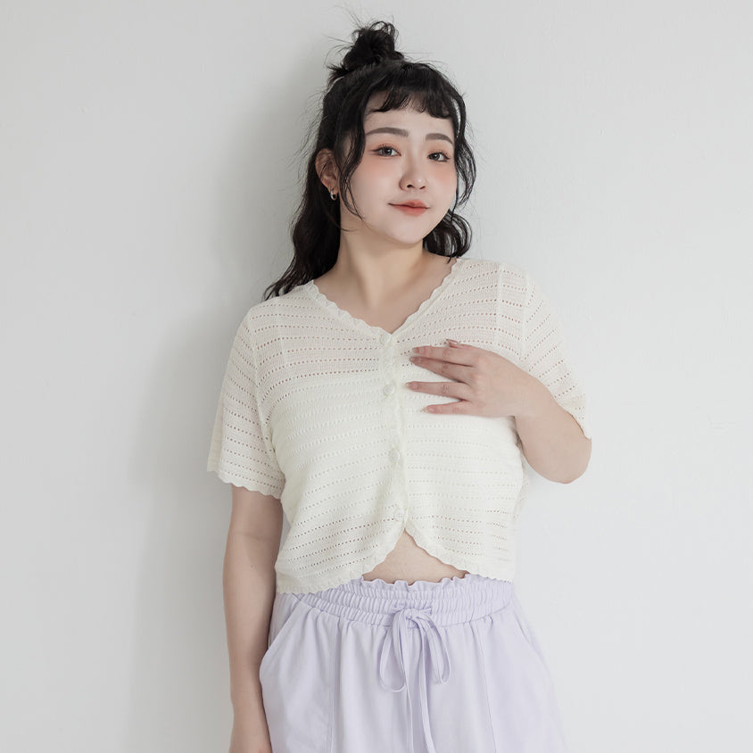 Cute Frill Trim Cutout Cropped Knit Plus Size Cardigan