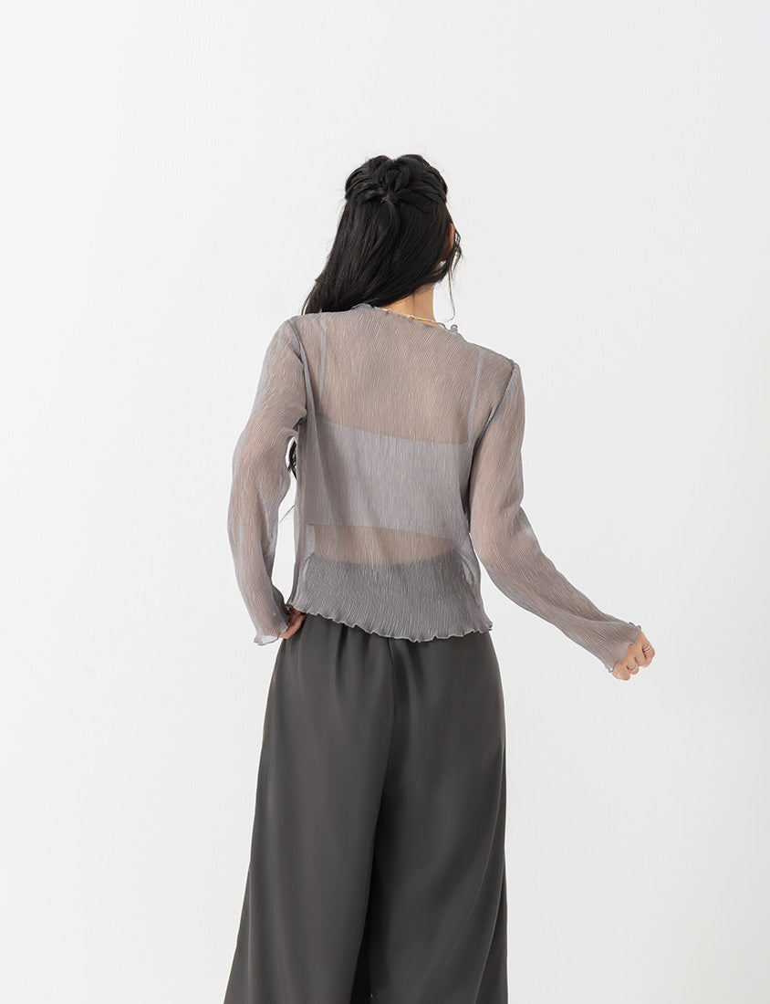MISS. Ethereal Crinkle Sheer Mock-Neck Plus Size Top