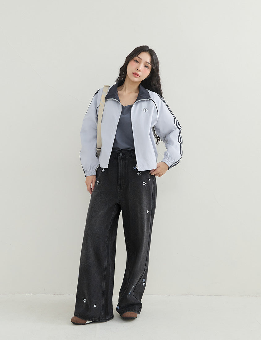 Korean-Inspired Retro Contrast Sporty Stand Collar Plus Size Jacket