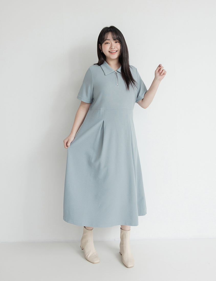 Collared Waffle-Knit Cinched Waist Plus Size Maxi Dress