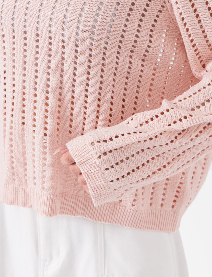Crew Neck Openwork Ribbed Knit Long Sleeve Plus Size Top