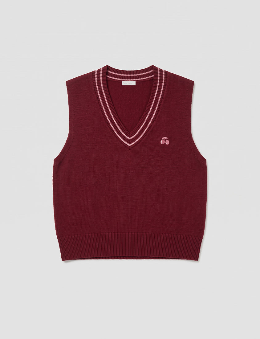 Preppy Cherry Embroidered Cropped Knit Plus Size Vest