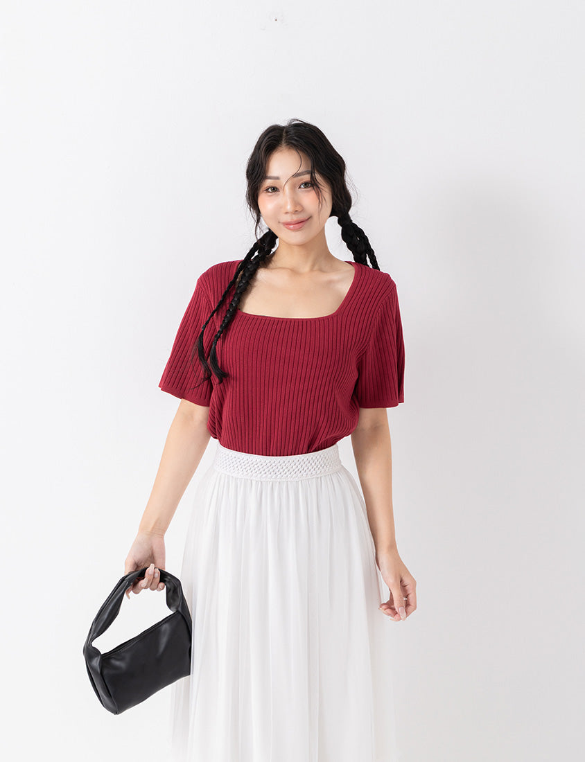 Classic Multicolor Square Neck Ribbed Knit Plus Size Top