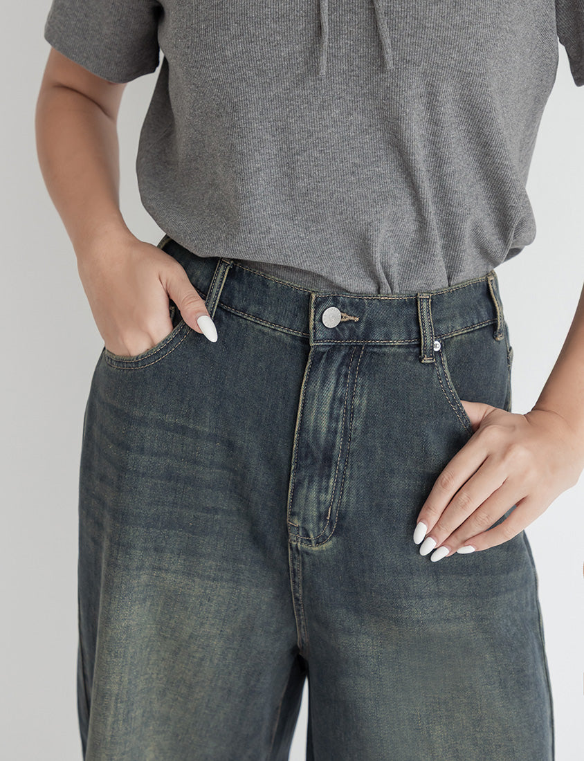 Korean Style Vintage Washed Plus Size Cropped Jeans