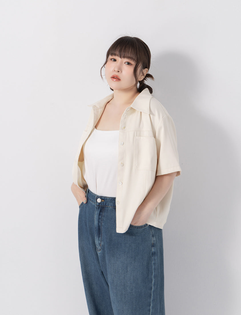 Double Pocket Twill Shell Button Plus Size Shirt