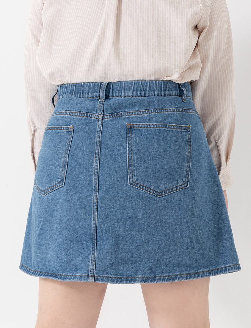Apple-Shaped Friendly! Perfect Fit Seamed A-Line Denim Plus Size Mini Skirt