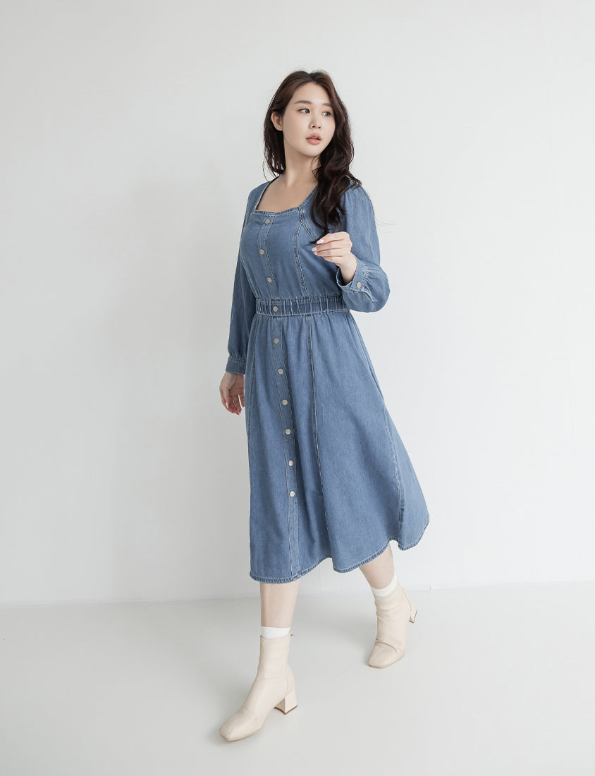 Smock-Waisted Square Neck Faux-Button Denim Plus Size Maxi Dress