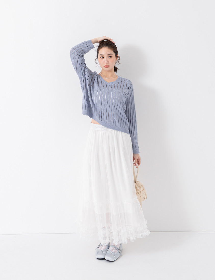V-Neck Openwork Ribbed Knit Long Sleeve Plus Size Top
