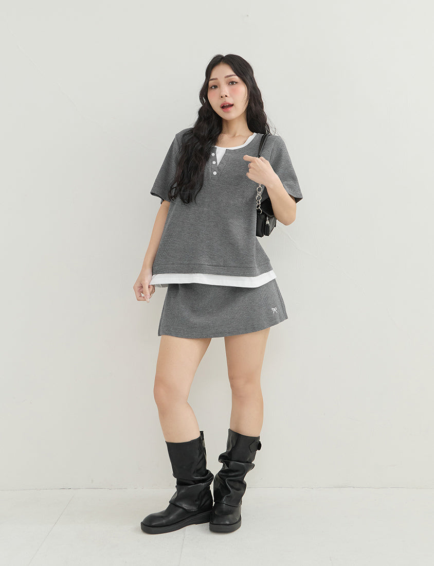Waffle Knit Faux Two-Piece Plus Size Top