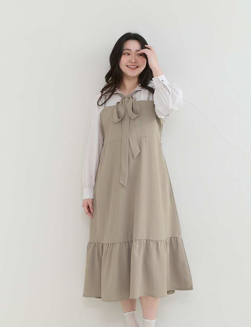 Contrast Sailor Collar Faux Two Piece Plus Size Maxi Dress (With Waist Tie)